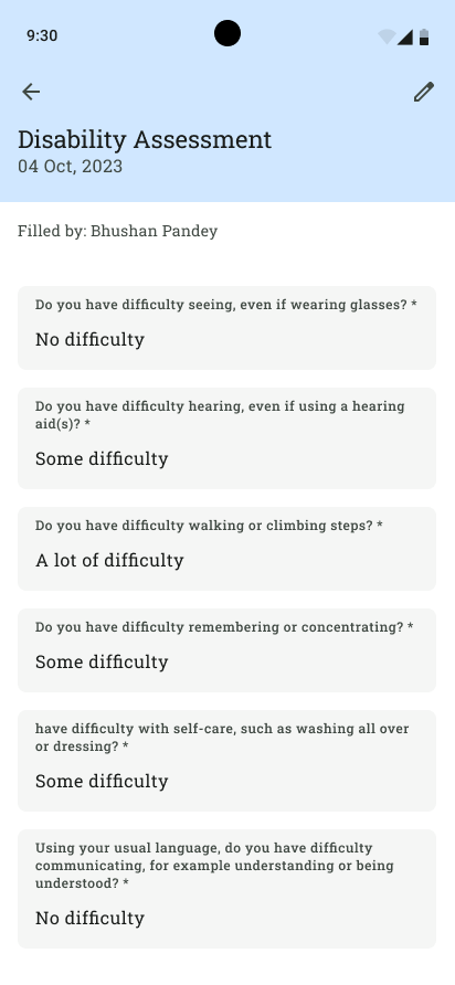 Screenshot of results of a disability assessment