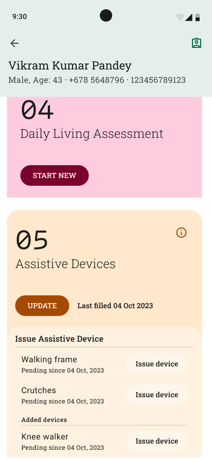 Screenshot of summary section of assistive devices