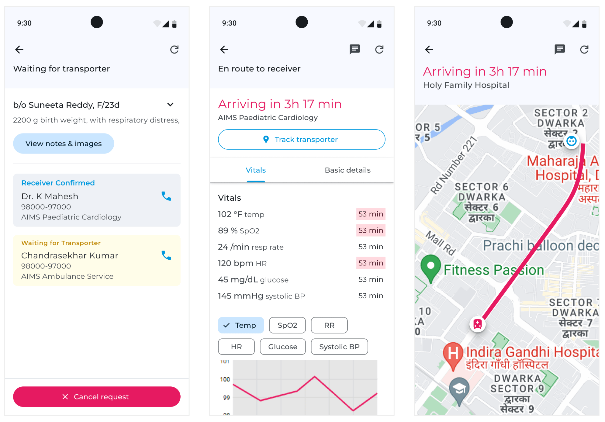Mobile app screens during transport