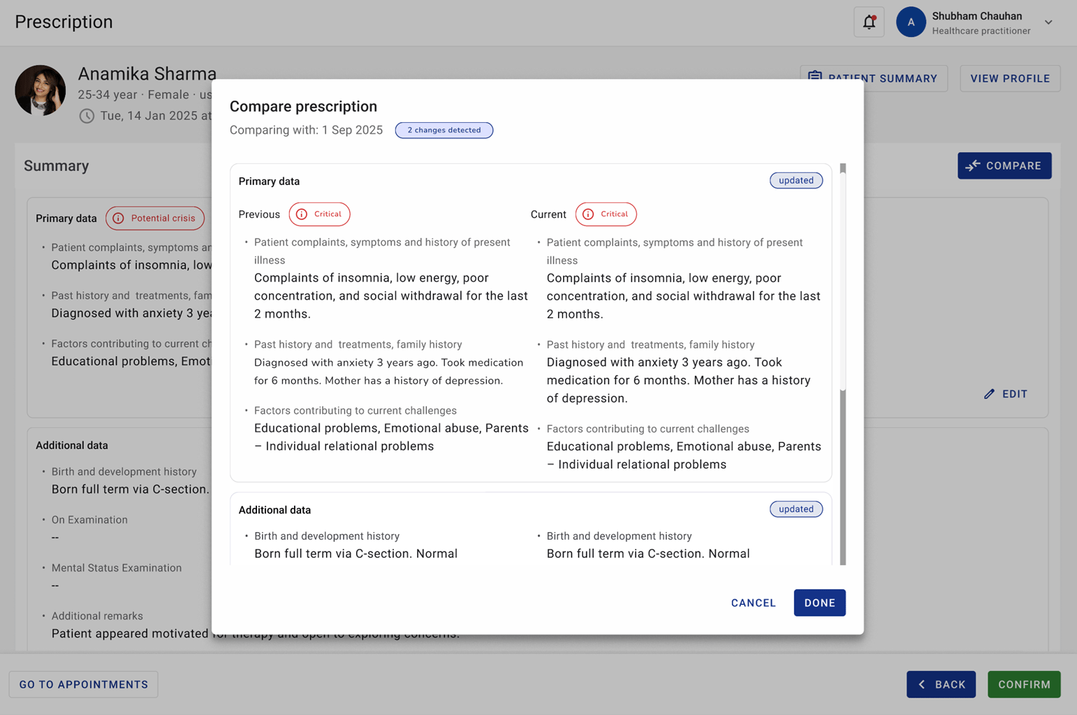 Screenshot of the doctor web platform that shows prescriptions being compared