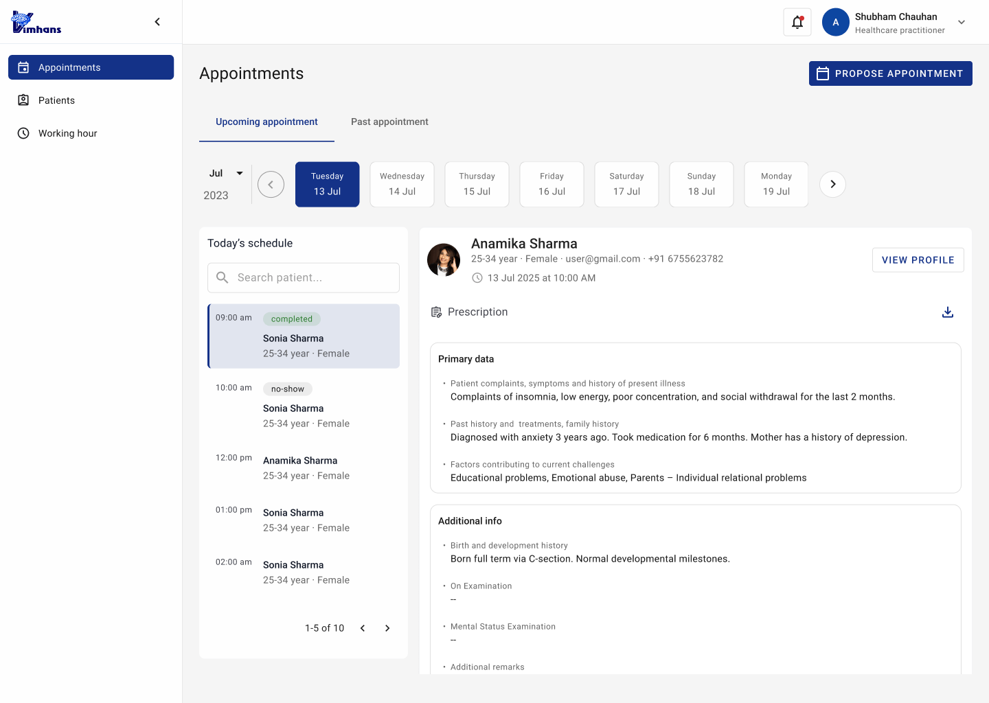 Screenshot of the doctor web platform that shows upcoming appointments